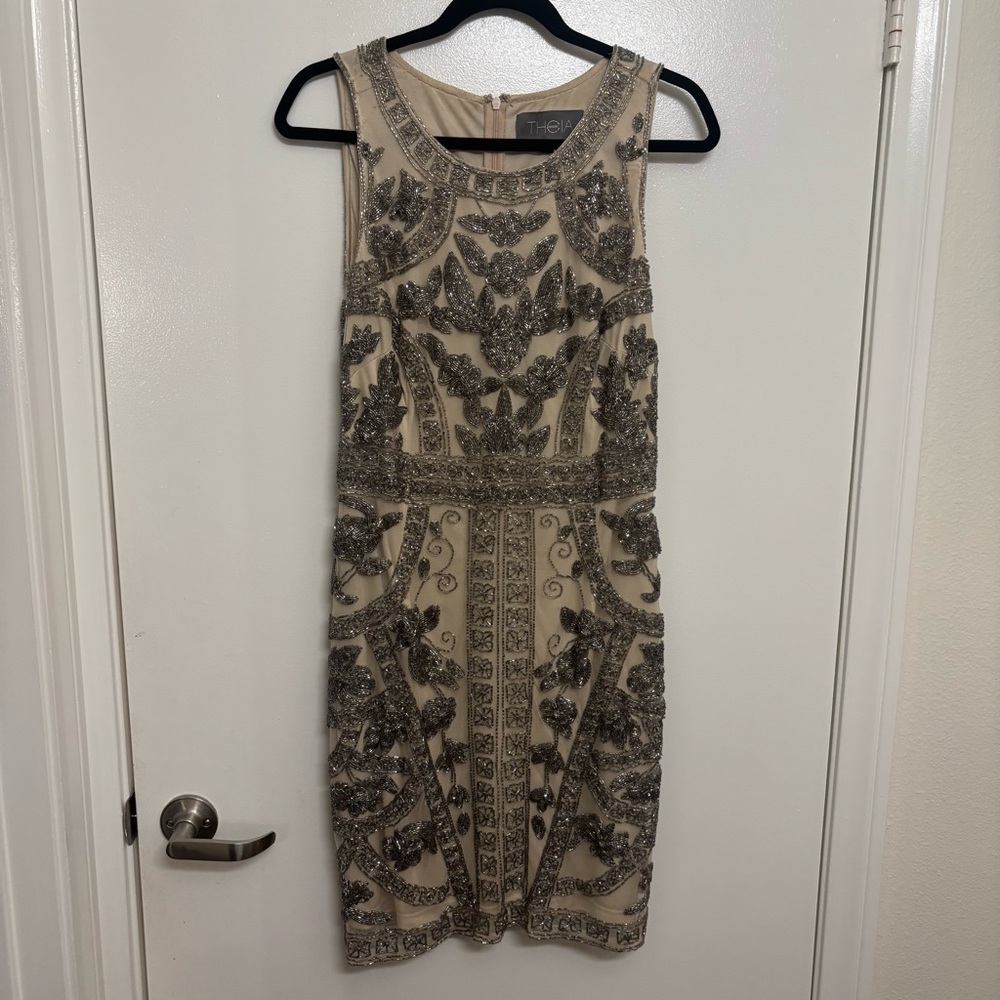 Theia Beige and Gray Embroidered Midi Dress